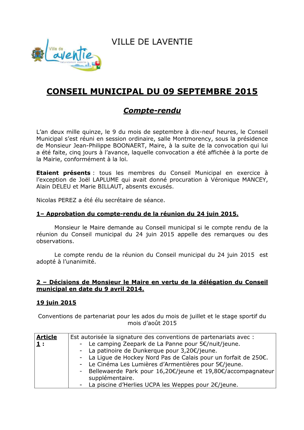 Ville De Laventie Conseil Municipal Du 09 Septembre