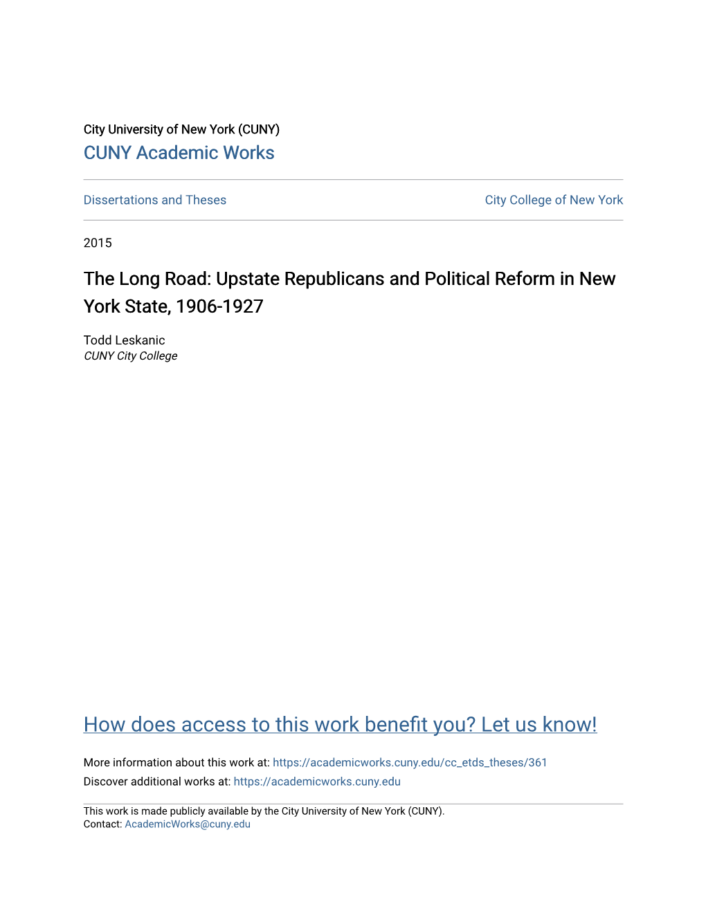 Upstate Republicans and Political Reform in New York State, 1906-1927