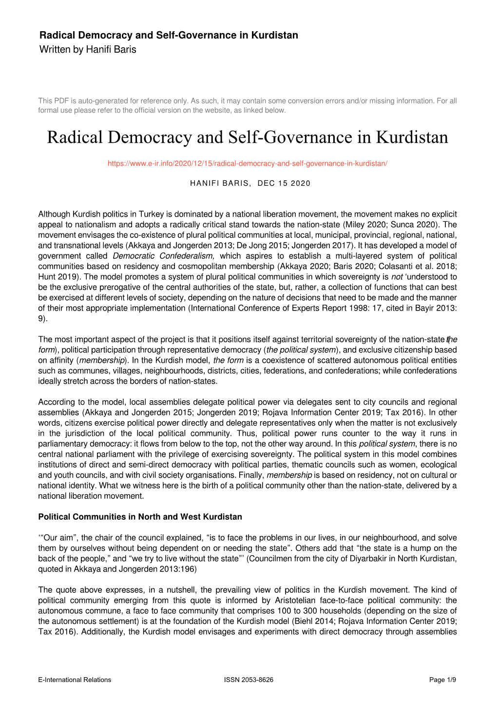 Radical Democracy and Self-Governance in Kurdistan Written by Hanifi Baris