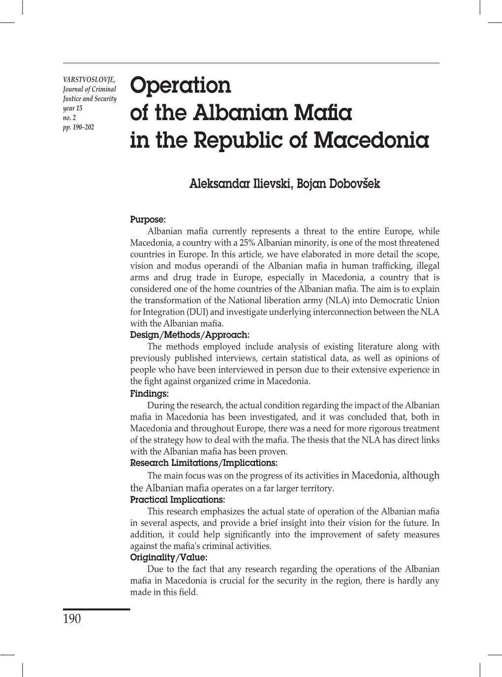 Operation of the Albanian Mafia in the Republic of Macedonia