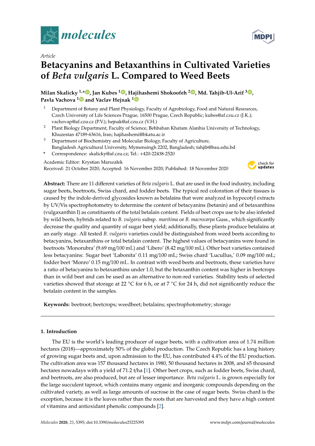 Betacyanins and Betaxanthins in Cultivated Varieties of Beta Vulgaris L