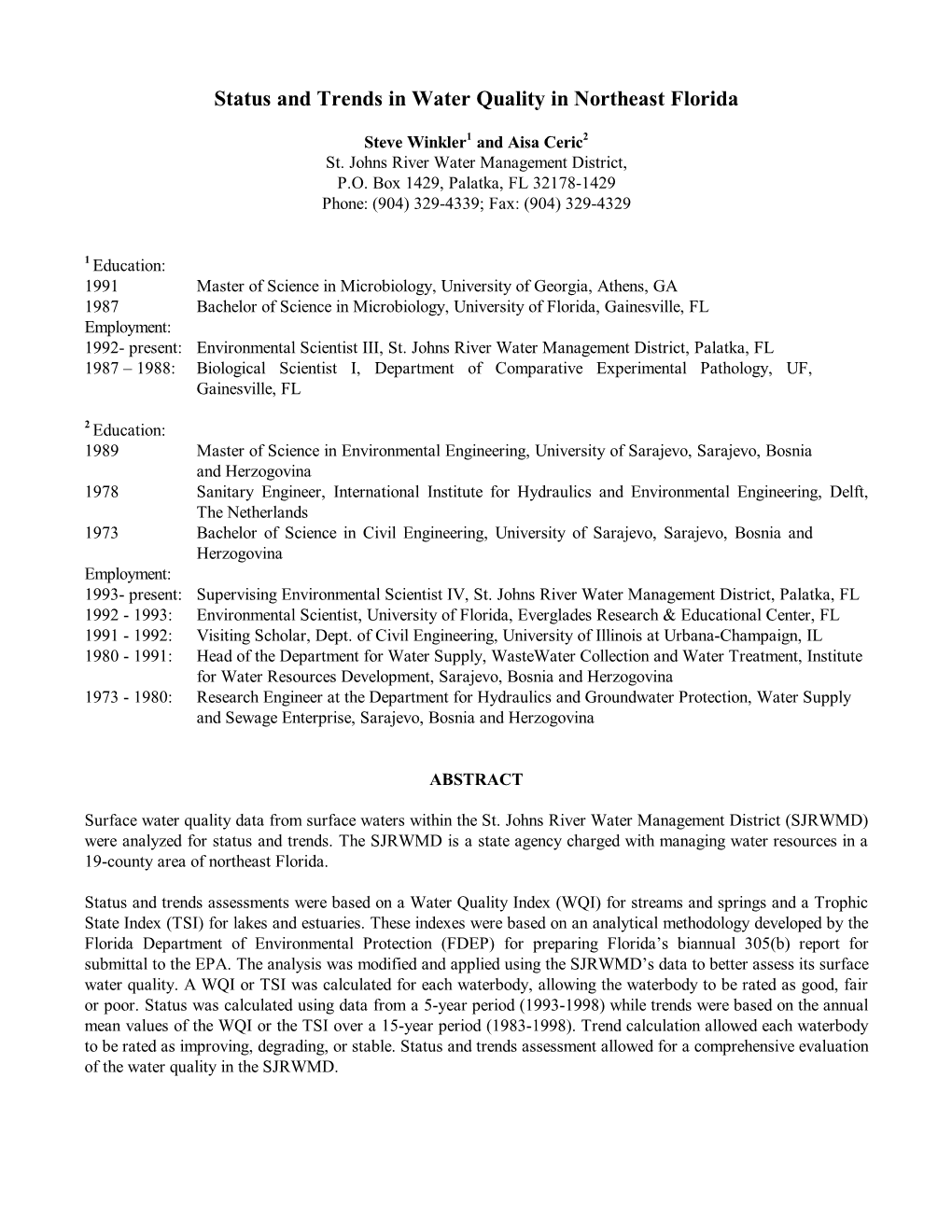 Status and Trends in Surface Water Quality in Northeast Florida, Aisa