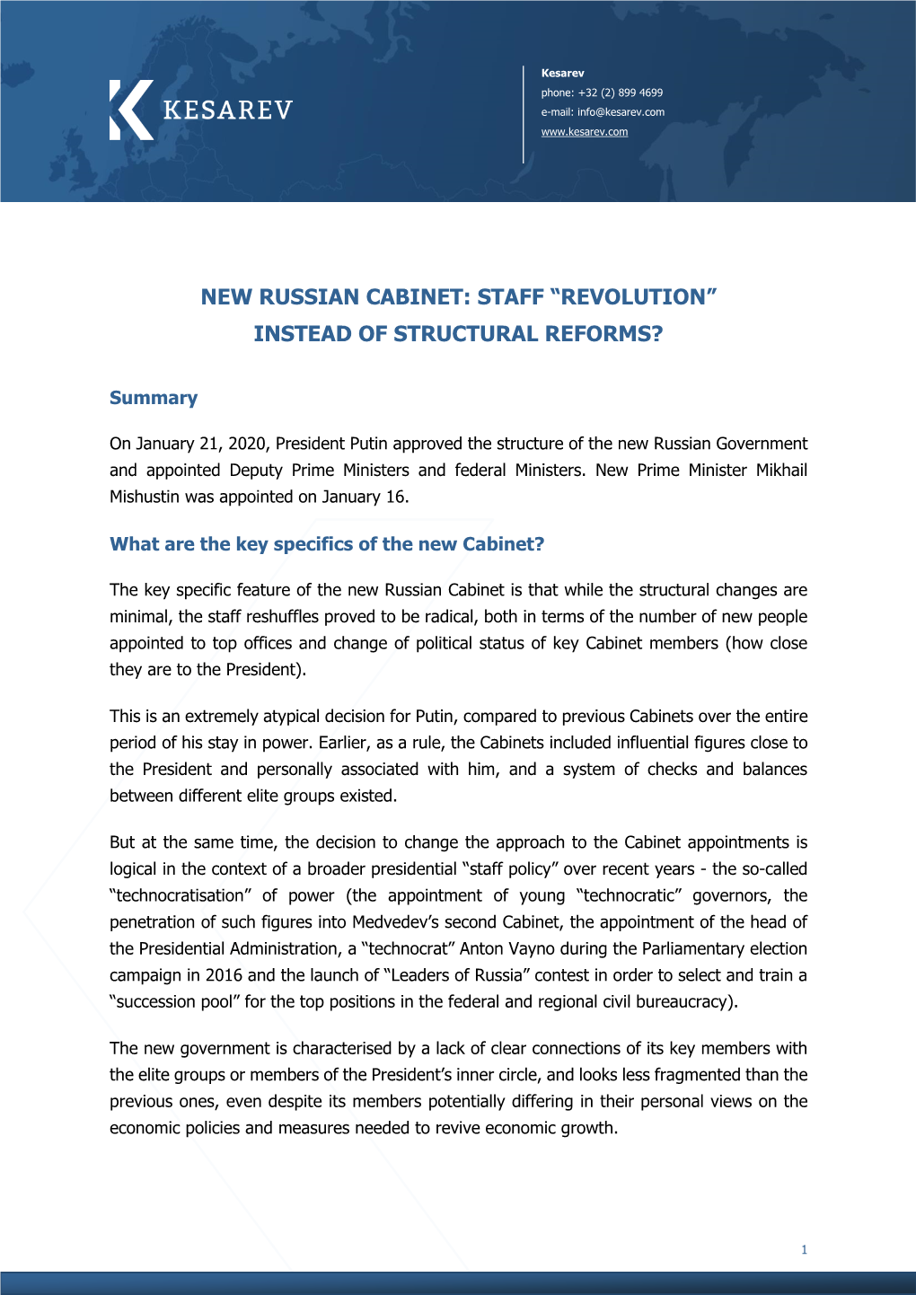 Kesarev Memo | New Russian Government | January 2020