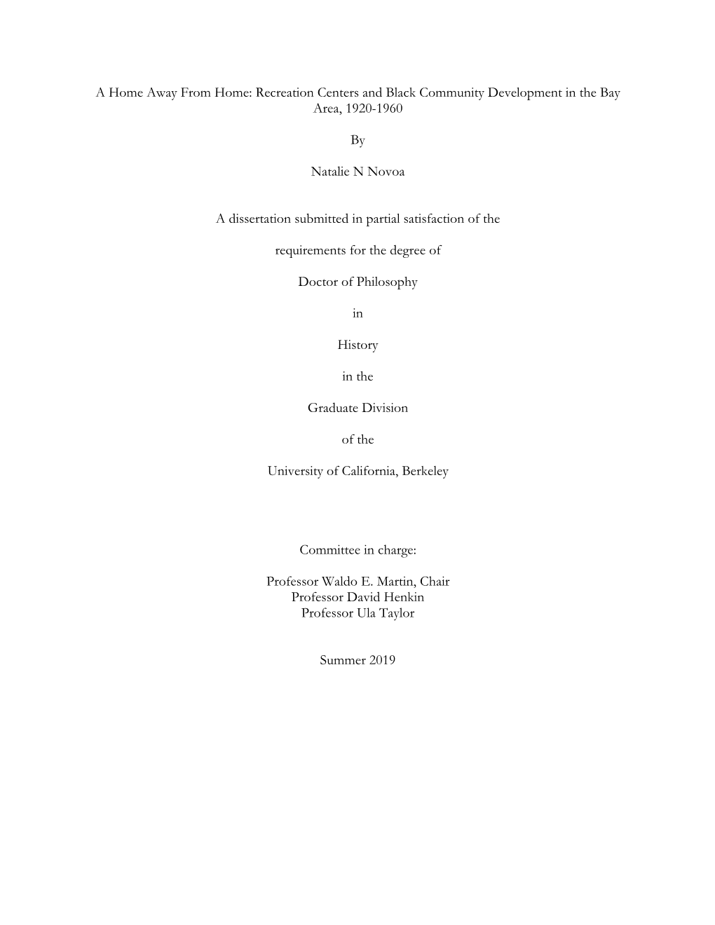 A Home Away from Home: Recreation Centers and Black Community Development in the Bay Area, 1920-1960