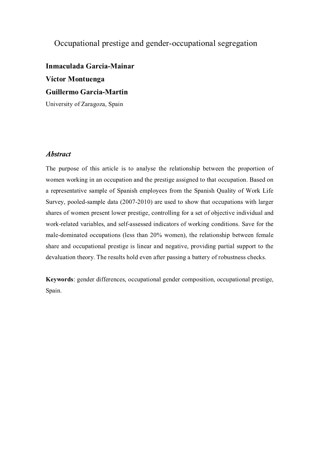 Occupational Prestige and Gender-Occupational Segregation