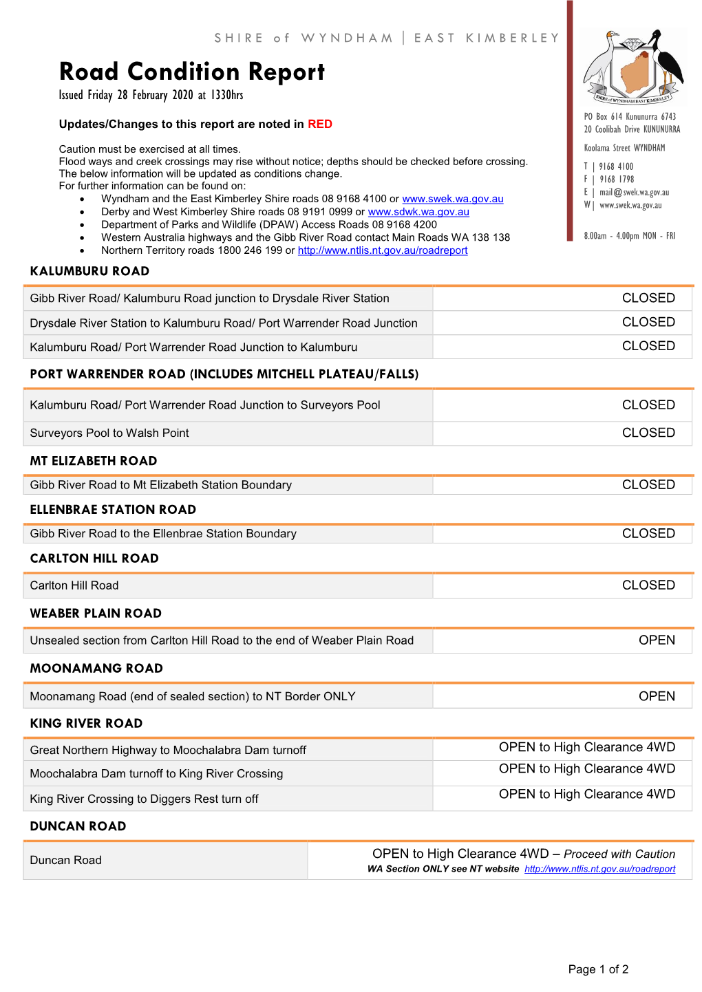 Road Condition Report Issued Friday 28 February 2020 at 1330Hrs