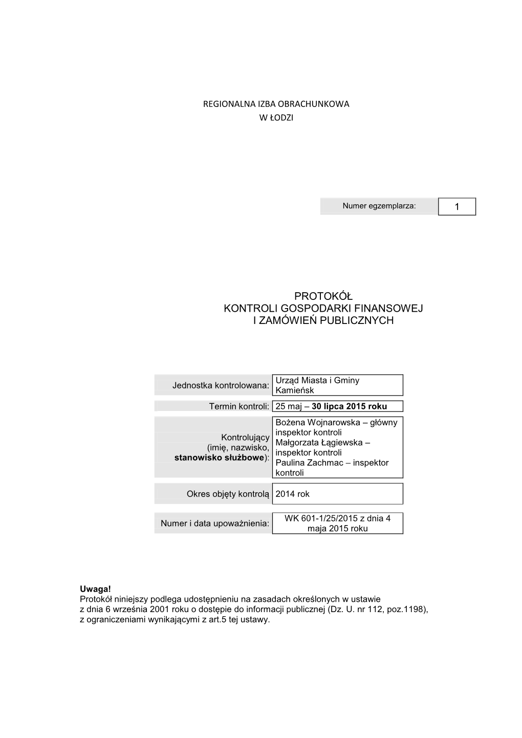 Protokół Kontroli Gospodarki Finansowej I Zamówień Publicznych