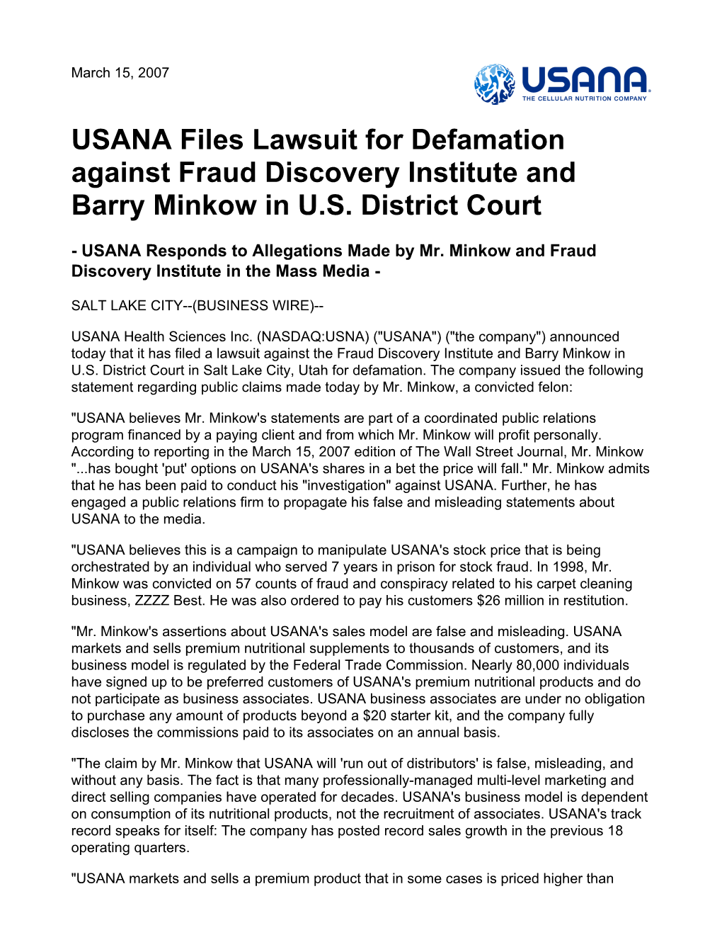 USANA Files Lawsuit for Defamation Against Fraud Discovery Institute and Barry Minkow in U.S. District Court