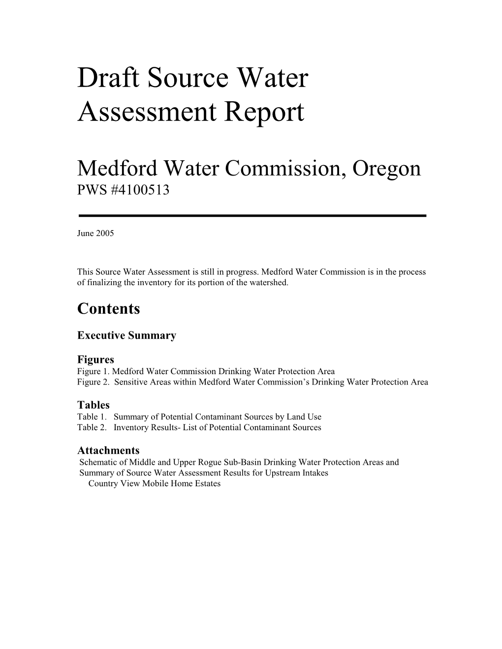 Draft Source Water Assessment Report