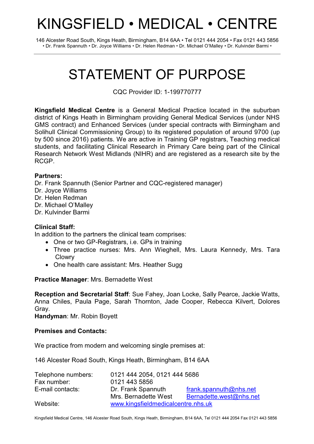 Statement of Purpose Kingsfield Medical Centre