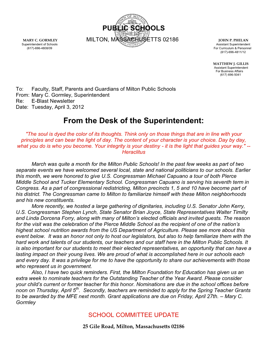 From the Desk of the Superintendent