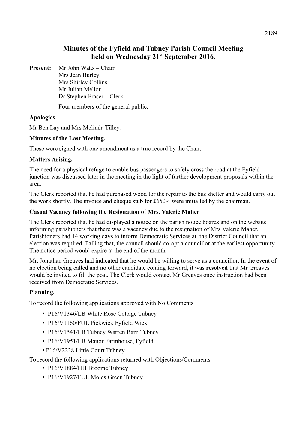 Minutes of the Fyfield and Tubney Parish Council Meeting Held on Wednesday 21St September 2016