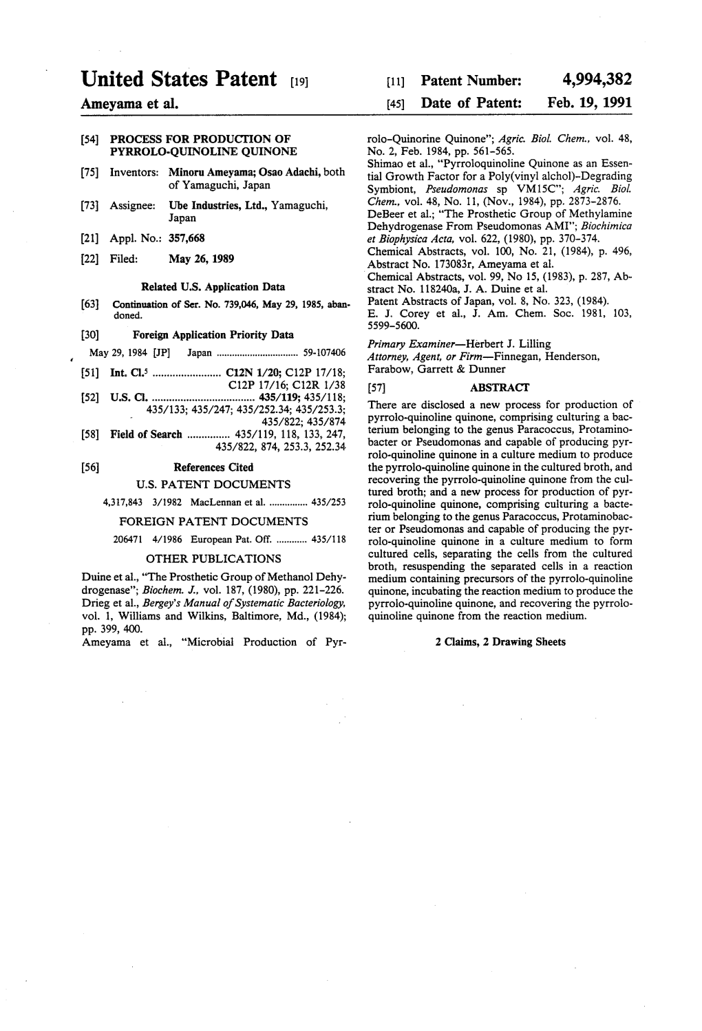 United States Patent (19) 11 Patent Number: 4,994,382 Ameyama Et Al