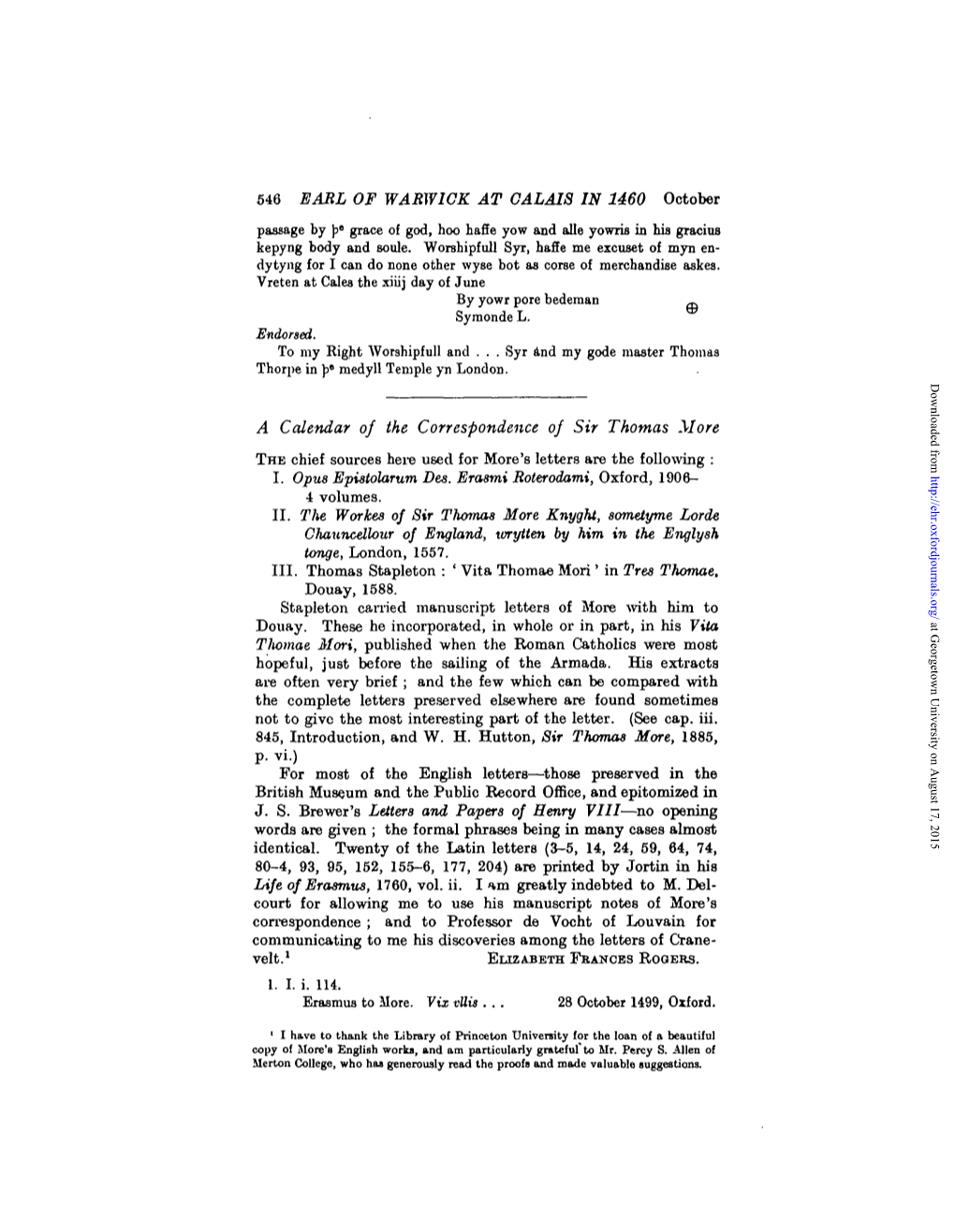 546 EARL of WARWICK at CALAIS in 1460 October Passage by J3e Grace of God, Hoo Hafie Yow and Alle Yowris in His Gracius Kepyng Body and Soule