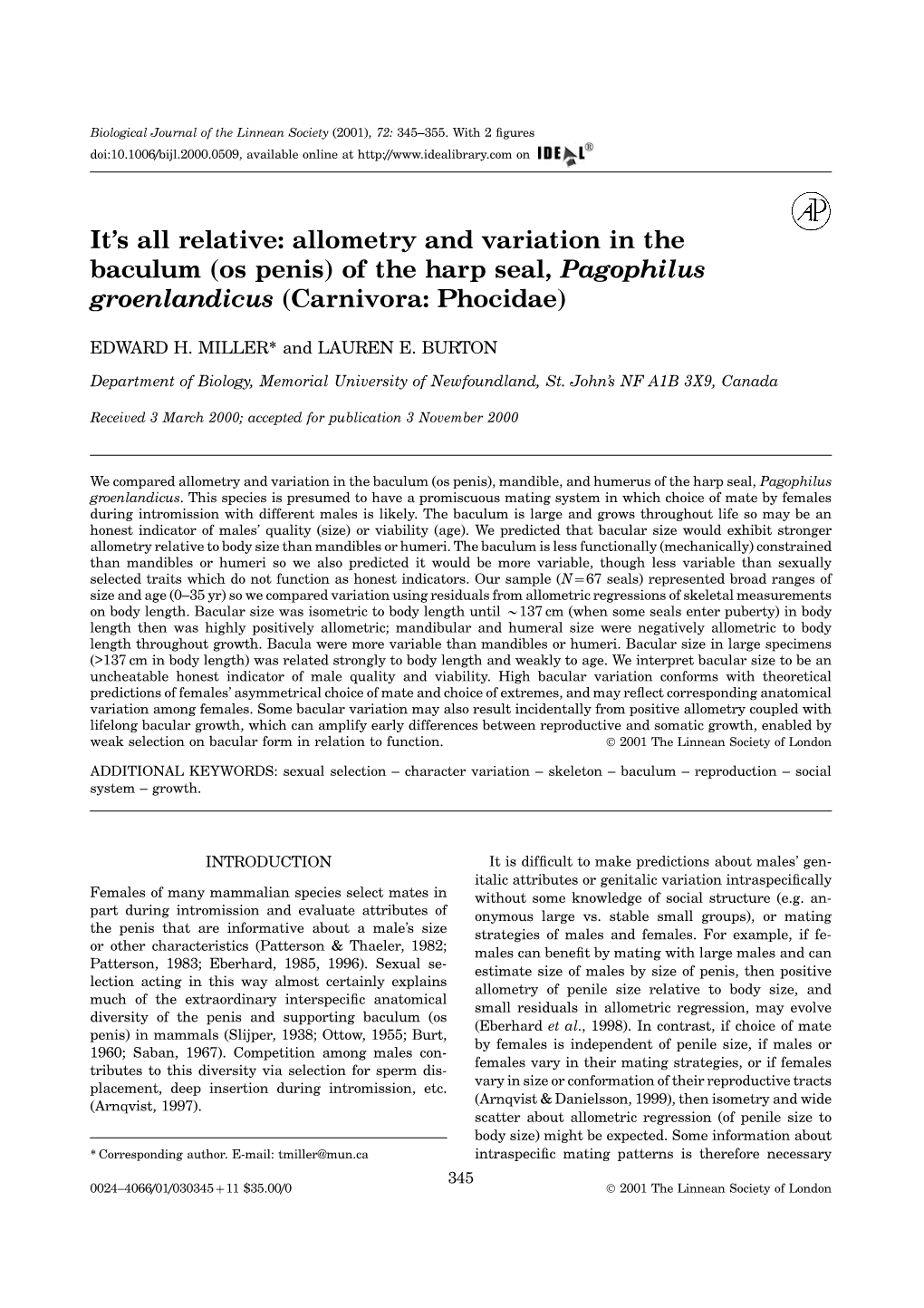 Allometry and Variation in the Baculum (Os Penis) of the Harp Seal, Pagophilus Groenlandicus (Carnivora: Phocidae)