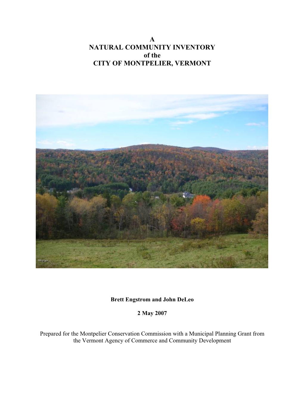 A NATURAL COMMUNITY INVENTORY of the CITY of MONTPELIER, VERMONT