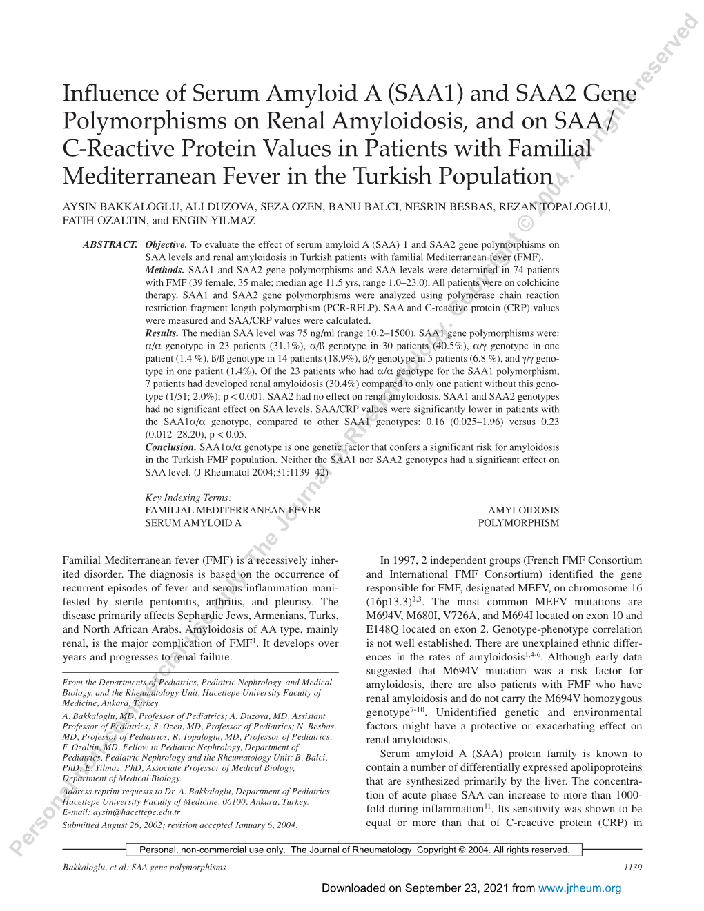 Influence of Serum Amyloid a (SAA1) and SAA2 Gene Polymorphisms On