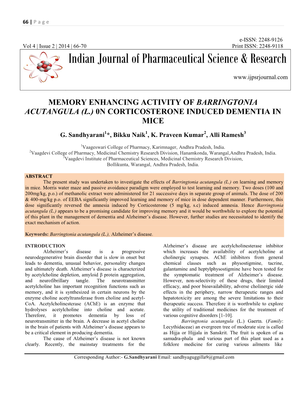 Memory Enhancing Activity of Barringtonia Acutangula (L.) 0N Corticosterone Induced Dementia in Mice