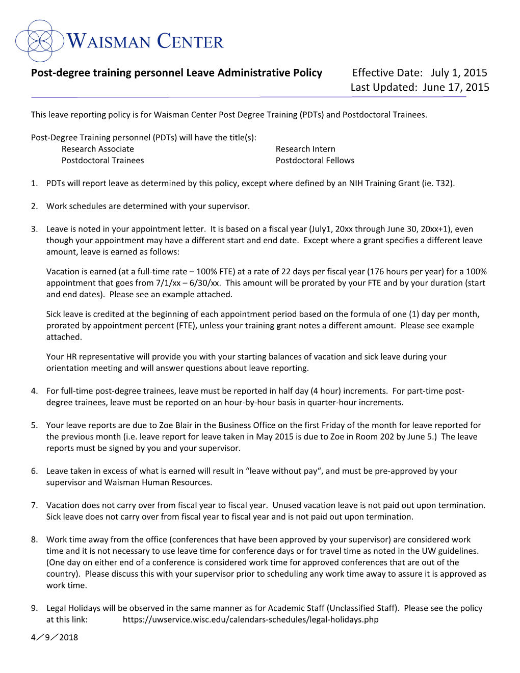 Post-Degree Training Personnel Leave Administrative Policy Effective Date: July 1, 2015