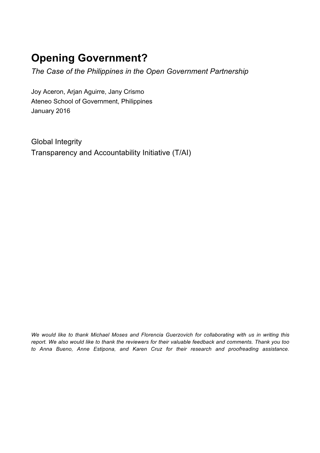 Opening Government? the Case of the Philippines in the Open Government Partnership