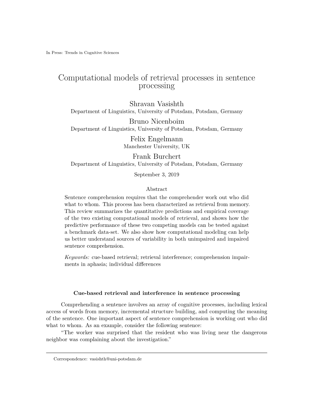 Computational Models of Retrieval Processes in Sentence Processing