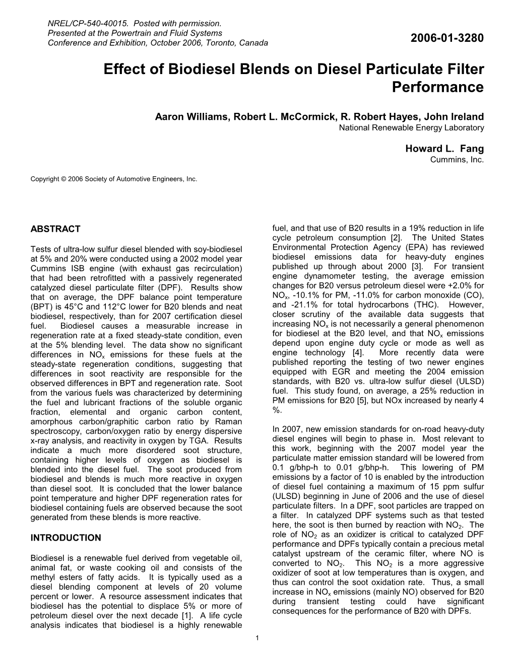 Effect of Biodiesel Blends on Diesel Particulate Filter Performance