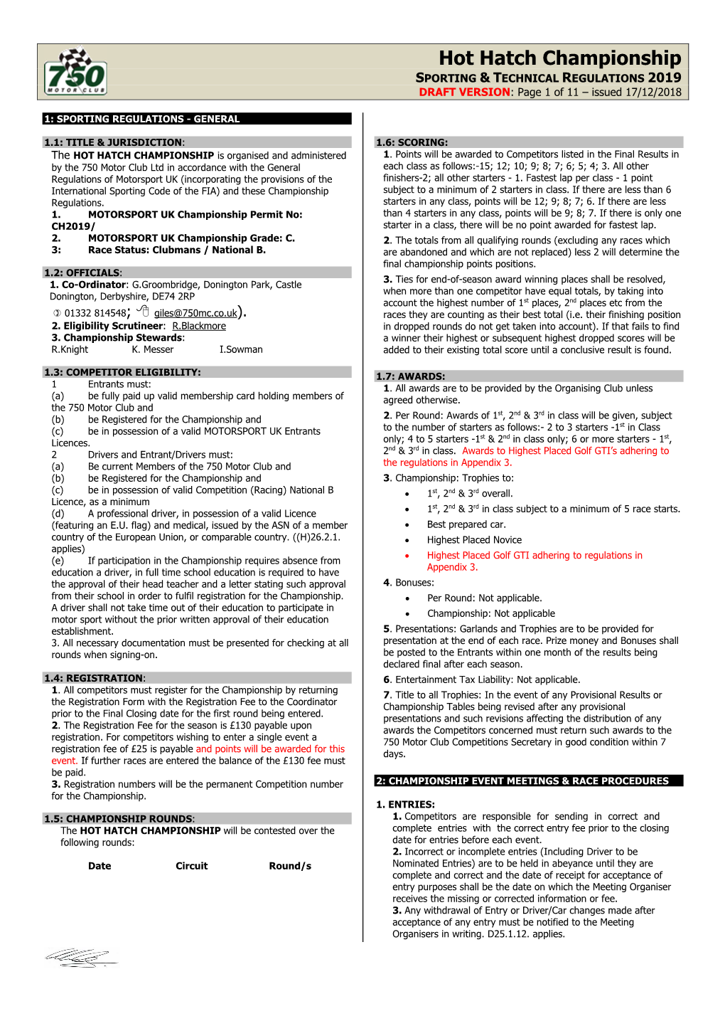 Hot Hatch Championship SPORTING & TECHNICAL REGULATIONS 2019 DRAFT VERSION: Page 1 of 11 – Issued 17/12/2018