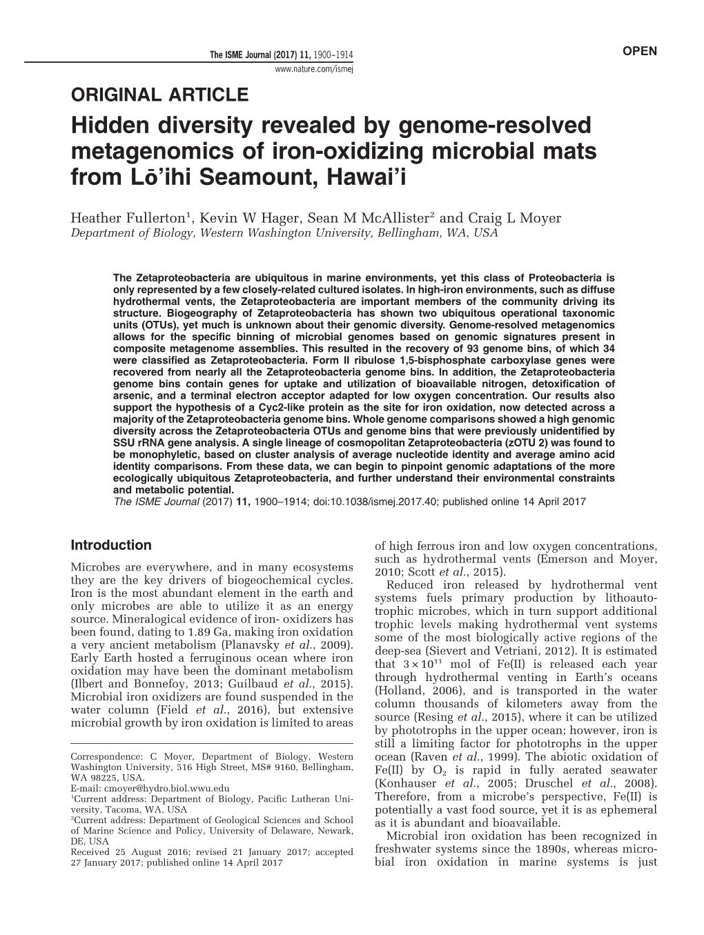 Hidden Diversity Revealed by Genome-Resolved Metagenomics of Iron-Oxidizing Microbial Mats from L&Omacr;&Rsquo;Ihi Seamo