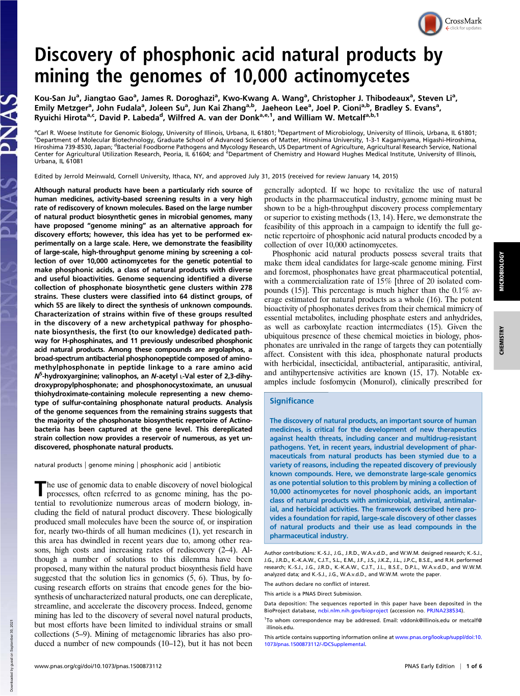 Discovery of Phosphonic Acid Natural Products by Mining the Genomes of 10,000 Actinomycetes