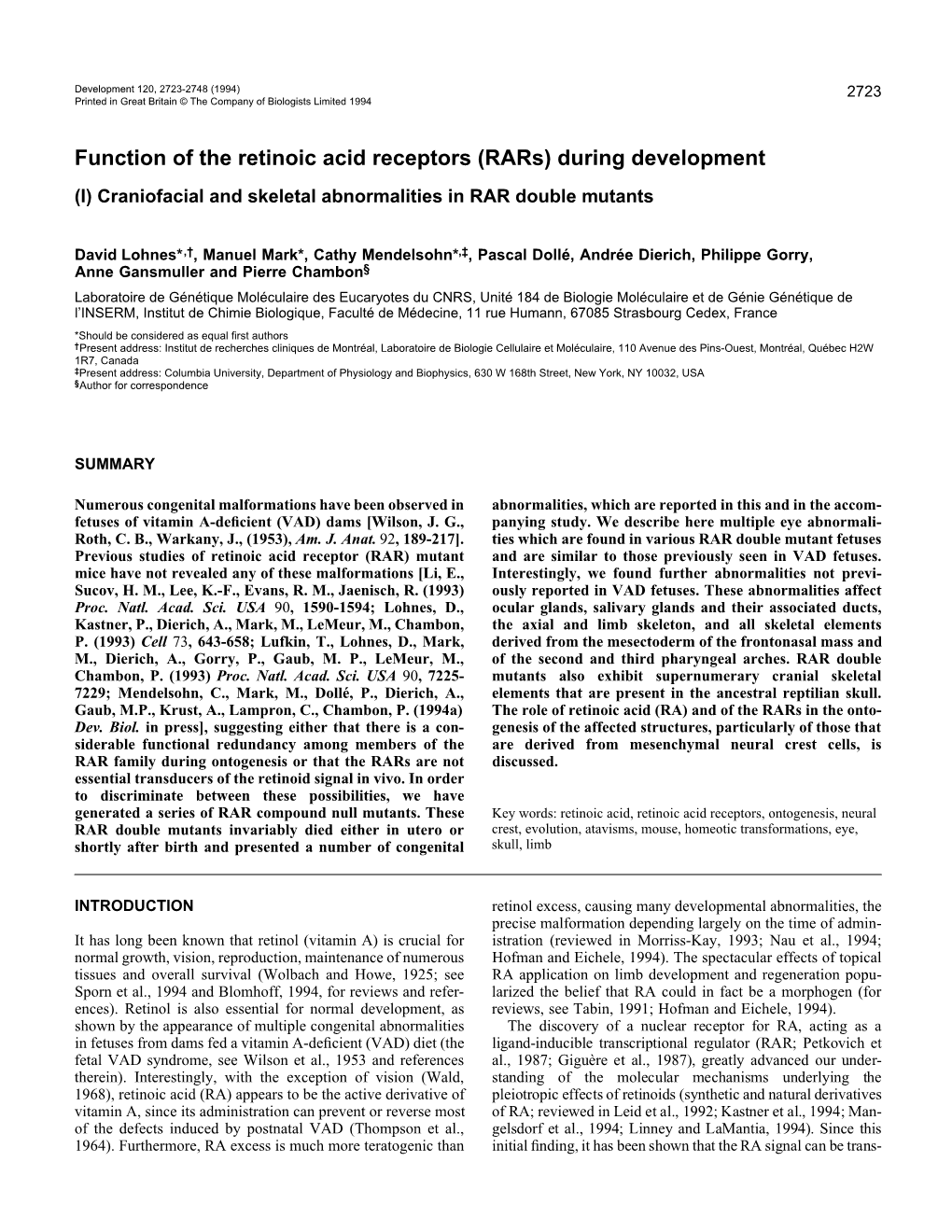 Function of the Retinoic Acid Receptors (Rars) During Development (I) Craniofacial and Skeletal Abnormalities in RAR Double Mutants