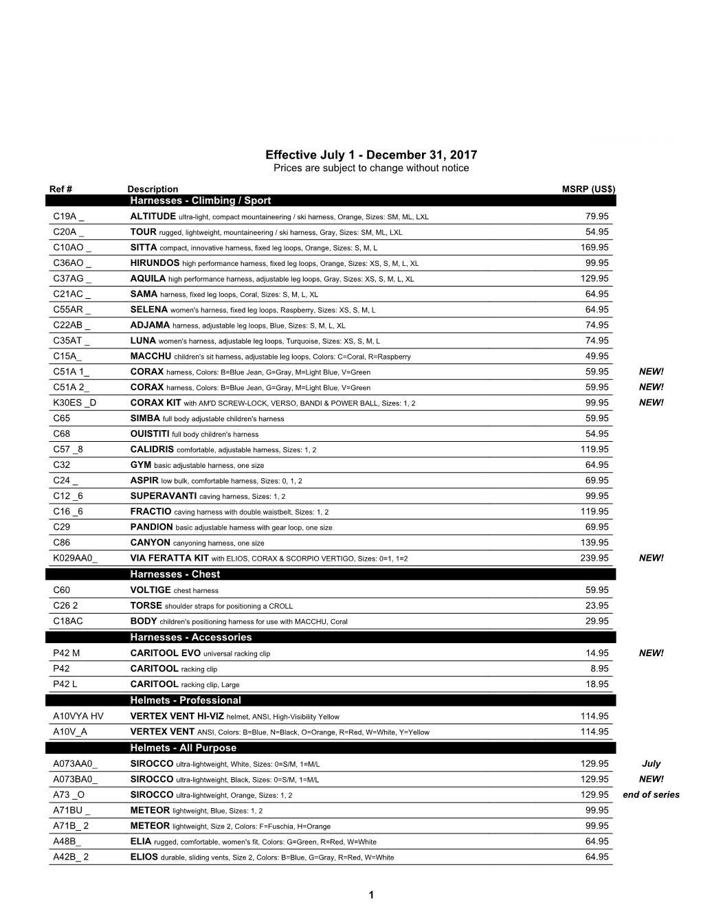 Sport Retail Price List Effective July 1 - December 31, 2017 Prices Are Subject to Change Without Notice