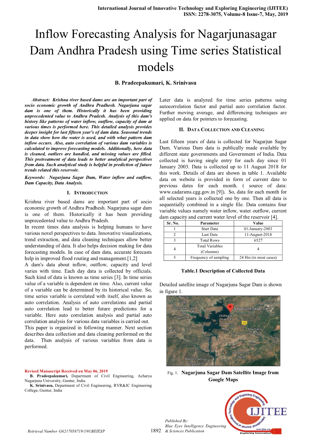 Inflow Forecasting Analysis for Nagarjunasagar Dam Andhra Pradesh Using Time Series Statistical Models