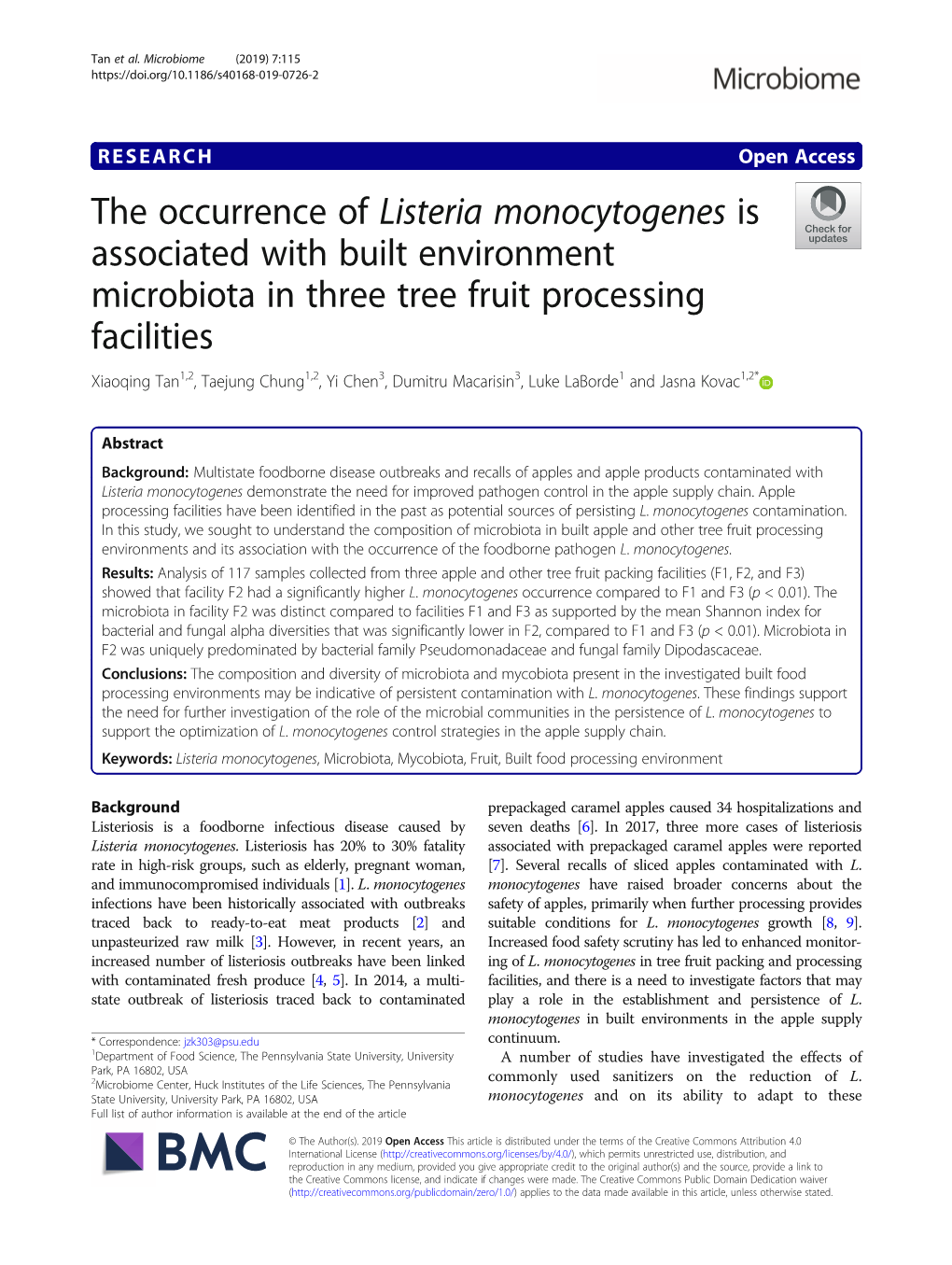 The Occurrence of Listeria Monocytogenes Is Associated With