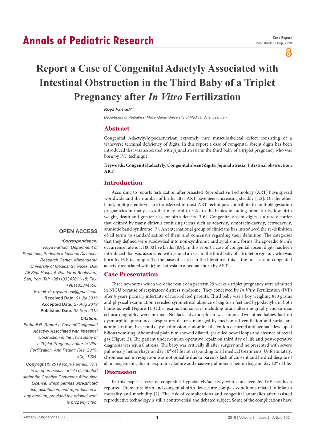 Report a Case of Congenital Adactyly Associated with Intestinal Obstruction in the Third Baby of a Triplet Pregnancy After in Vitro Fertilization