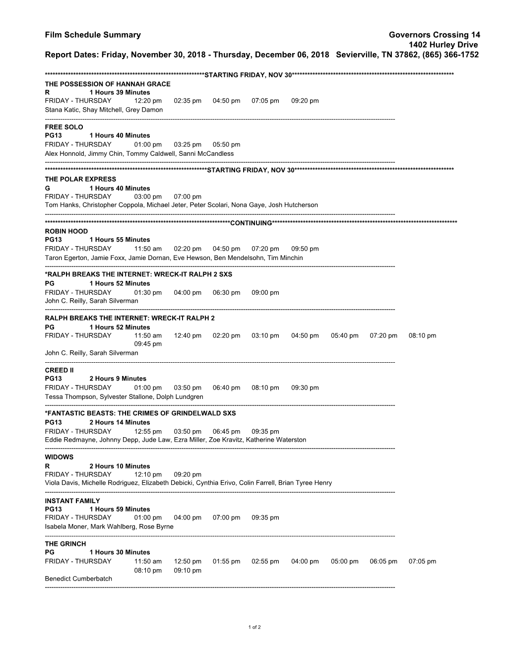 Film Schedule Summary Governors Crossing 14 1402