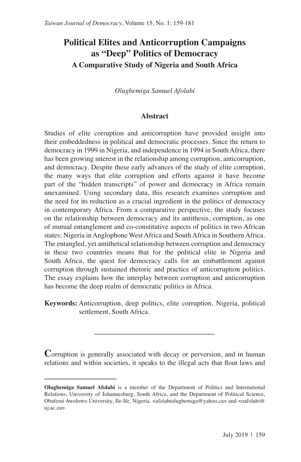 Political Elites and Anticorruption Campaigns As “Deep” Politics of Democracy a Comparative Study of Nigeria and South Africa