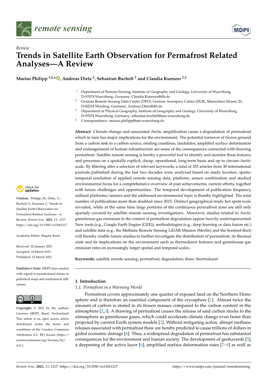 Trends in Satellite Earth Observation for Permafrost Related Analyses—A Review