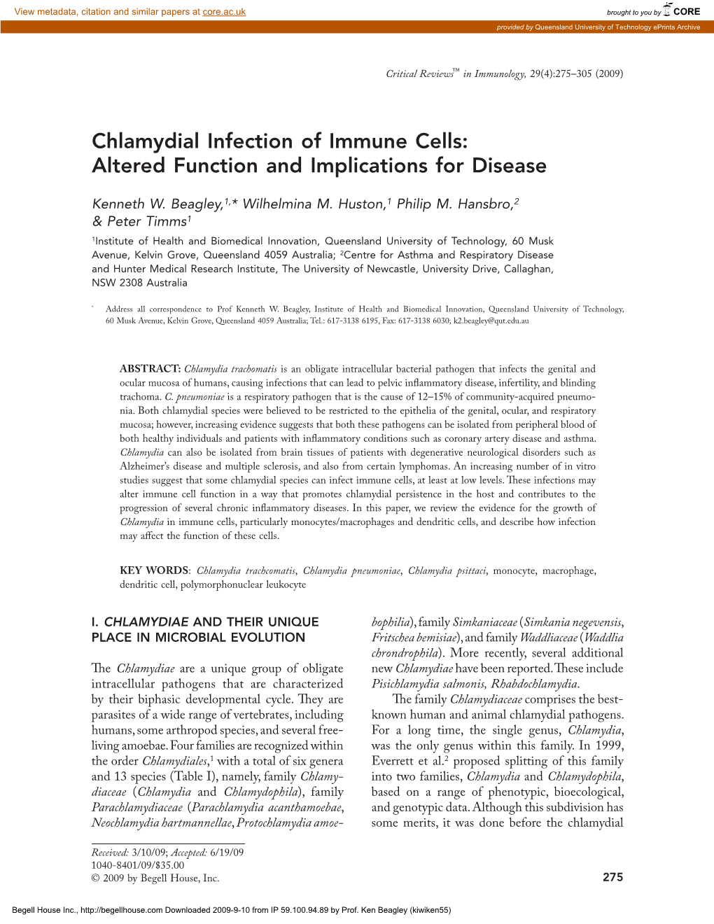 Chlamydial Infection of Immune Cells: Altered Function and Implications for Disease