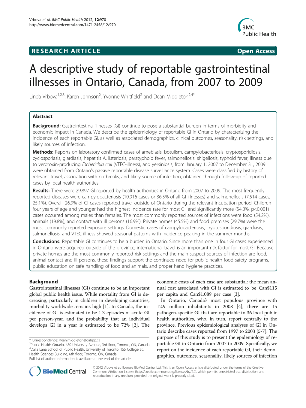 A Descriptive Study of Reportable Gastrointestinal Illnesses in Ontario