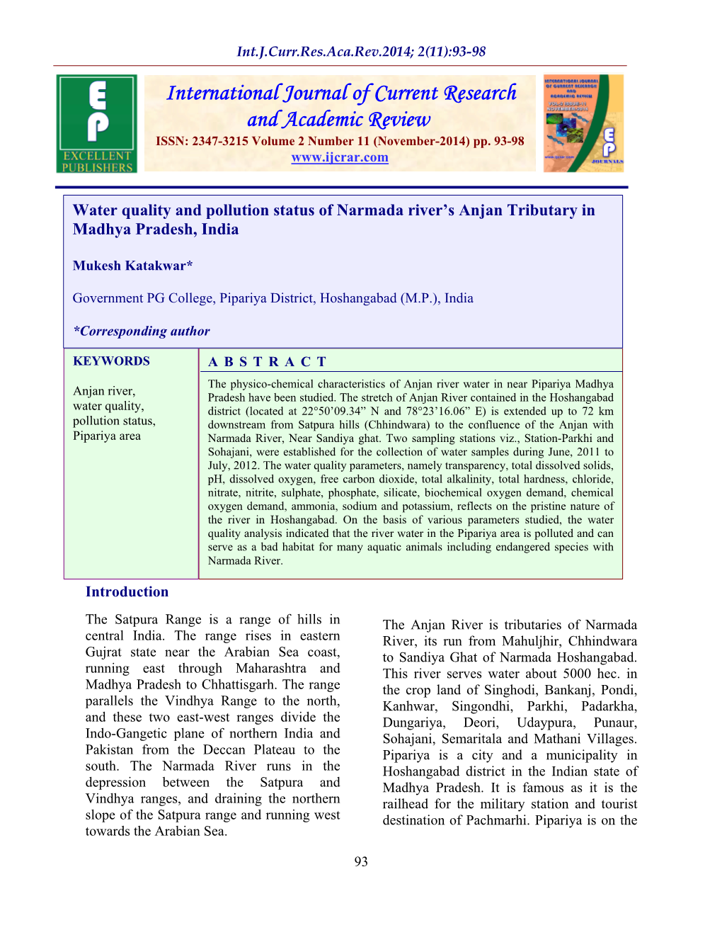 Water Quality and Pollution Status of Narmada River S Anjan Tributary in Madhya Pradesh, India