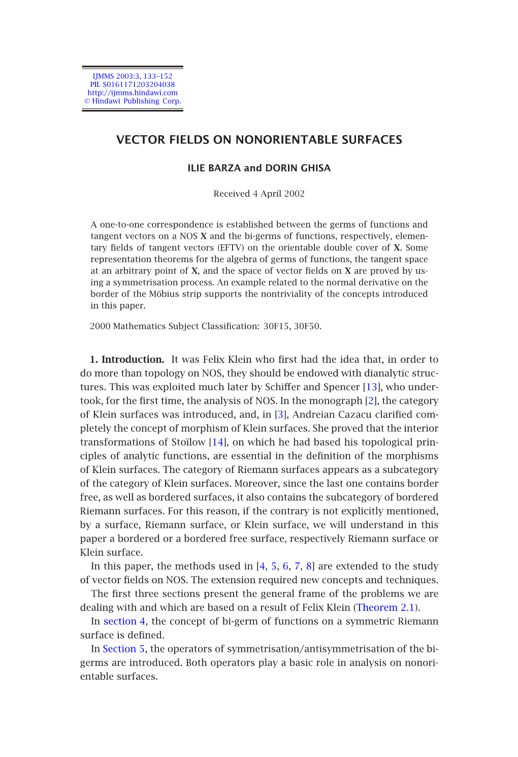 Vector Fields on Nonorientable Surfaces