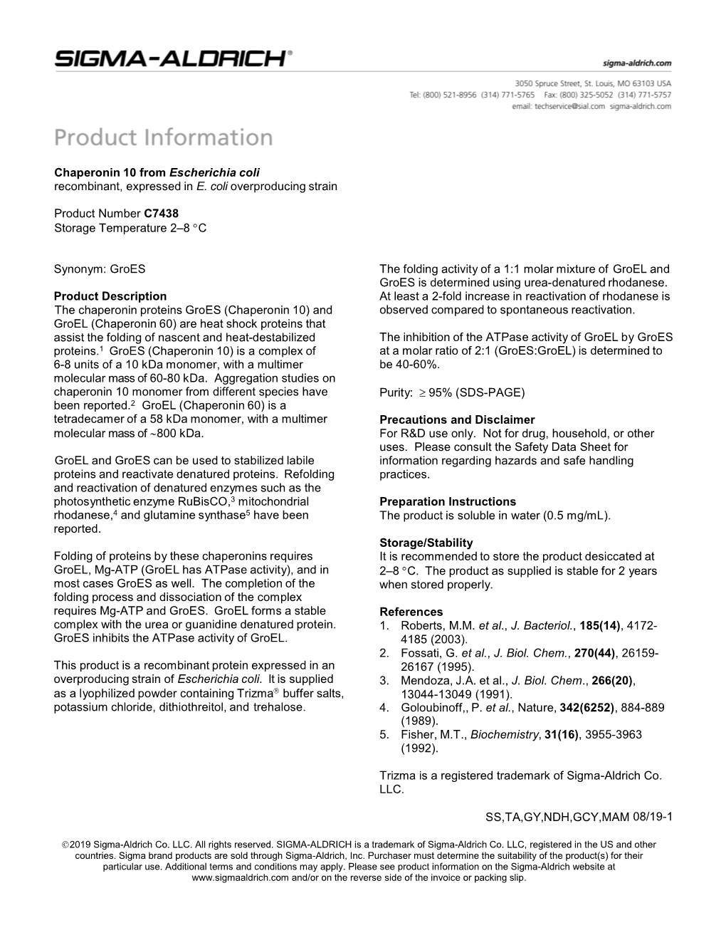 Chaperonin 10 from Escherichia Coli (C7438)