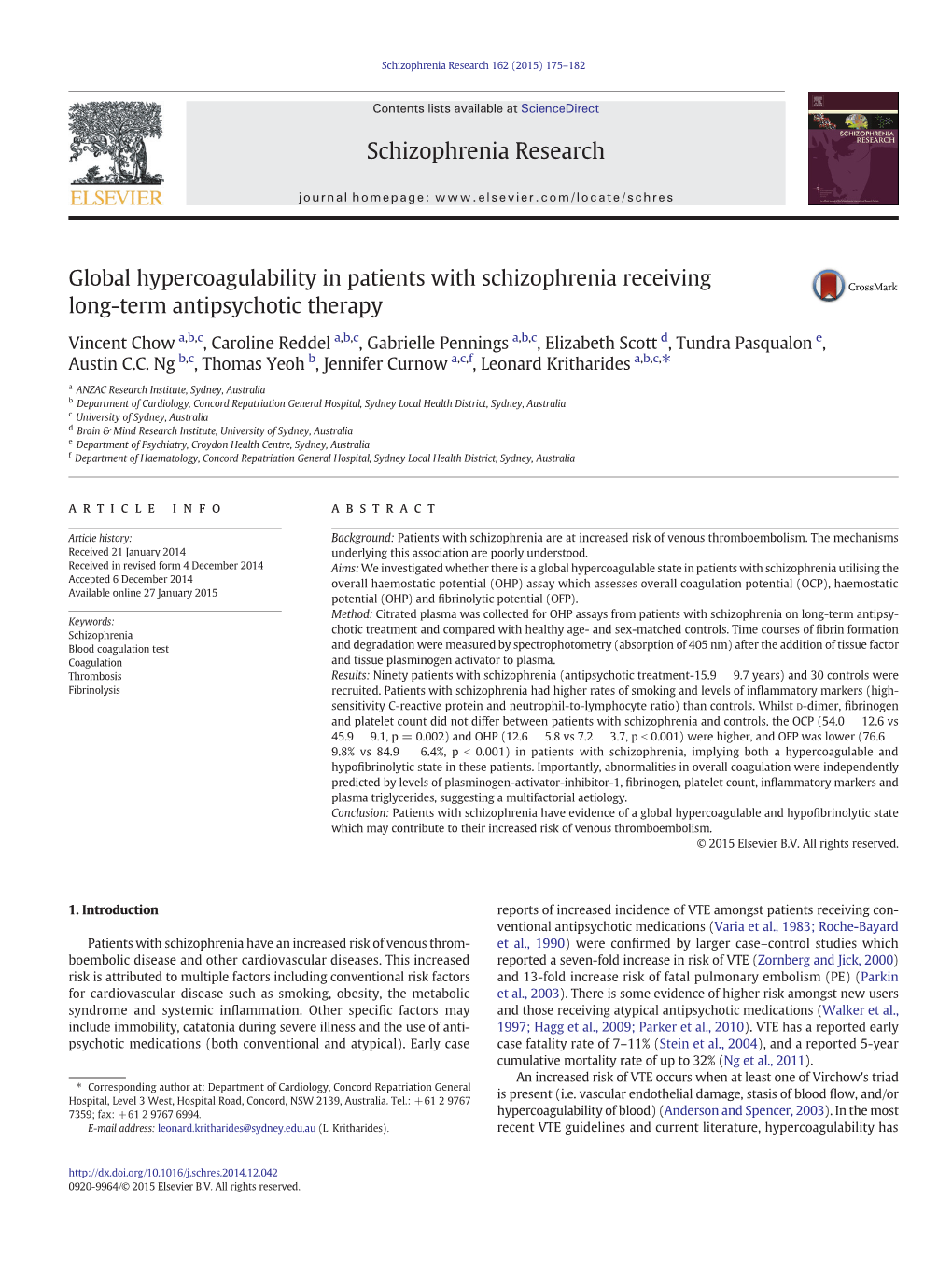 Global Hypercoagulability in Patients with Schizophrenia Receiving Long-Term Antipsychotic Therapy