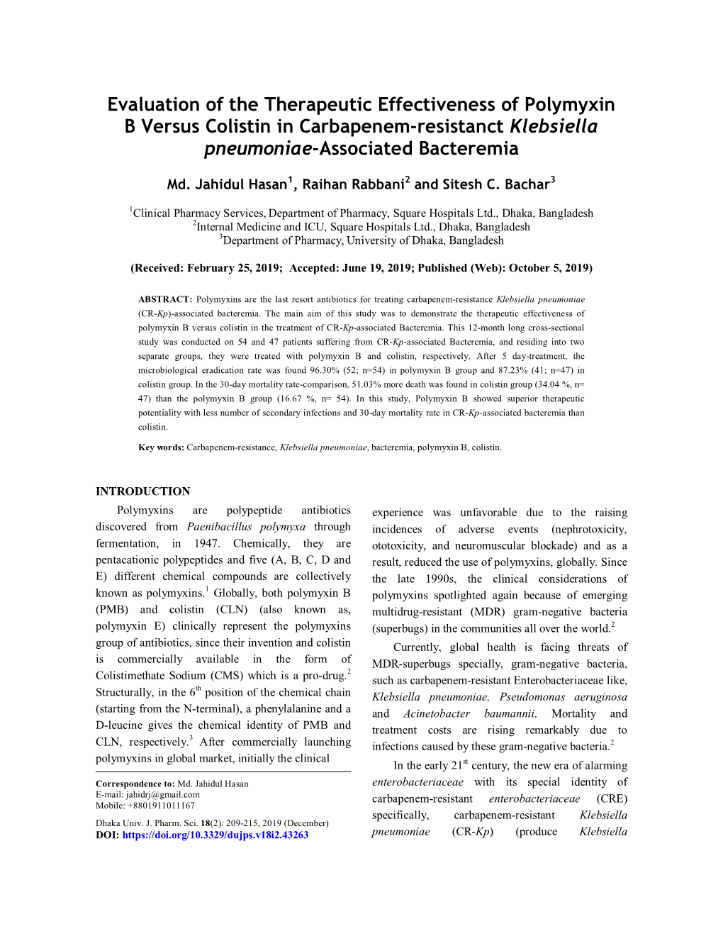 Evaluation of the Therapeutic Effectiveness of Polymyxin B Versus Colistin in Carbapenem-Resistanct Klebsiella Pneumoniae-Associated Bacteremia