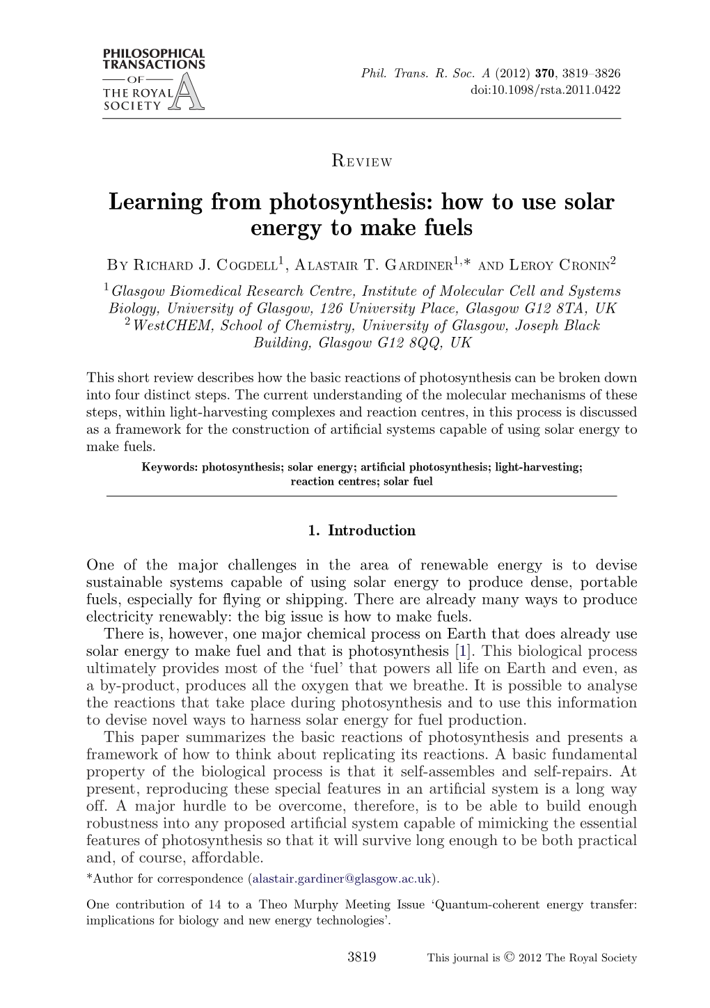 Learning from Photosynthesis: How to Use Solar Energy to Make Fuels