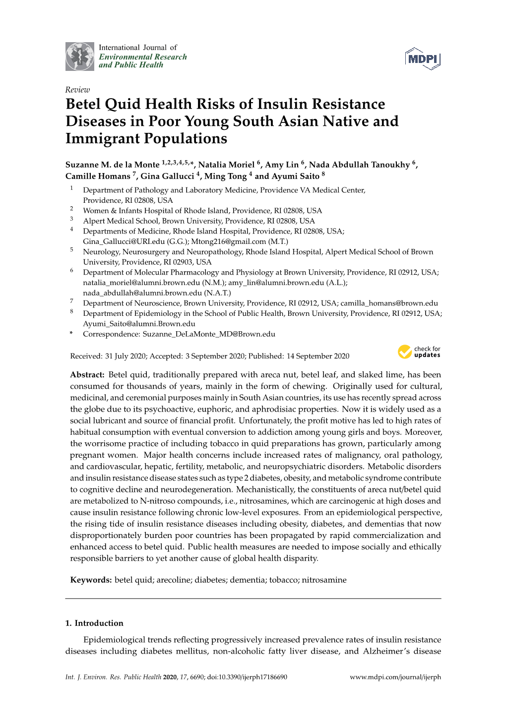 Betel Quid Health Risks of Insulin Resistance Diseases in Poor Young South Asian Native and Immigrant Populations