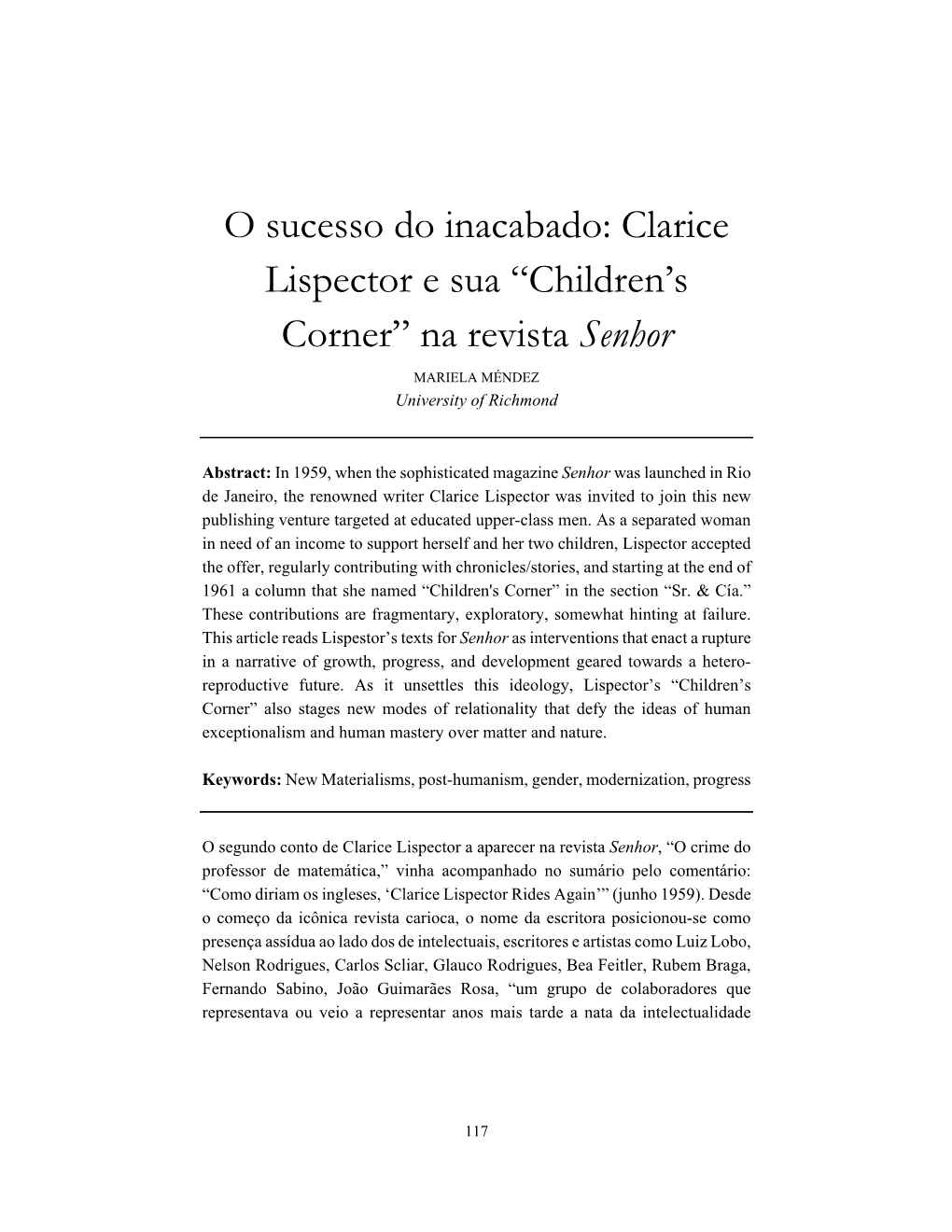 O Sucesso Do Inacabado: Clarice Lispector E Sua “Children's Corner