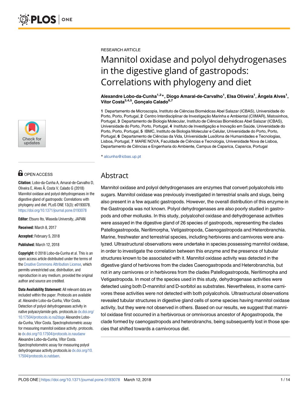 Mannitol Oxidase and Polyol Dehydrogenases in the Digestive Gland of Gastropods: Correlations with Phylogeny and Diet