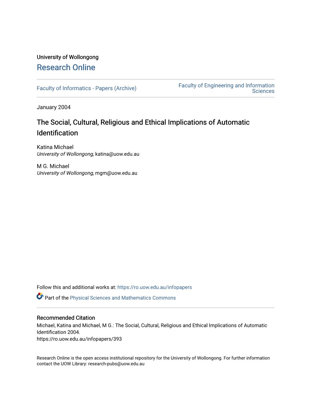 The Social, Cultural, Religious and Ethical Implications of Automatic Identification