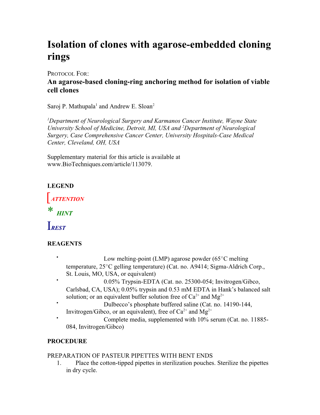 Isolation of Clones with Agarose-Embedded Cloning Rings